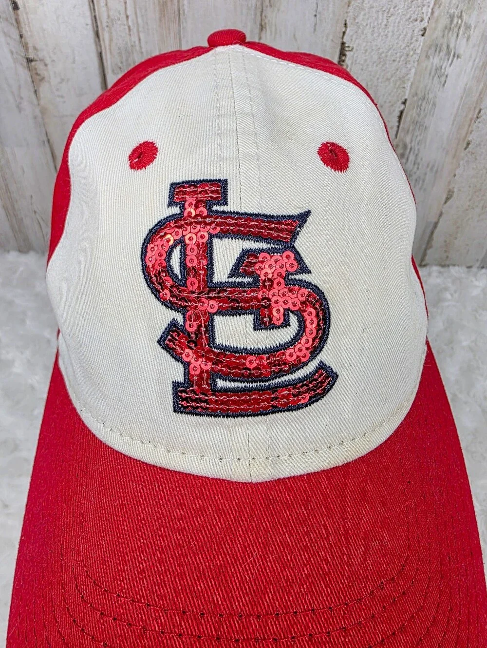 New Era Woman's St. Louis Cardinals Red and White Sequin Logo Baseball Cap OSFA